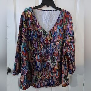 Boho Multicolor V Neck 3/4 Sleeve Blouse Sz 5xl (022126B)